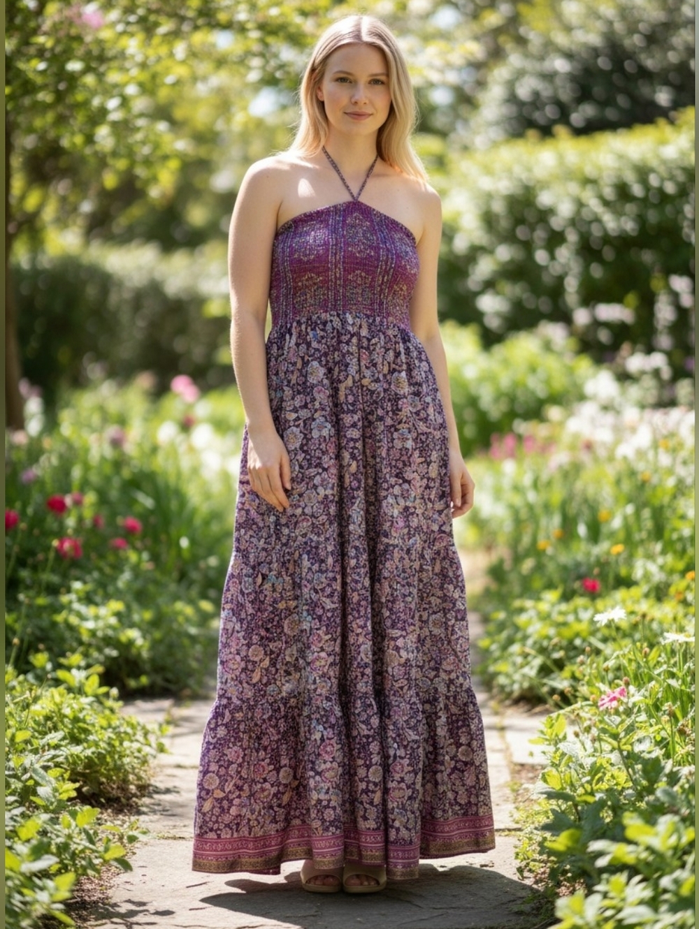 Silk Maeve Purple and Yellow Floral Smocked Dress
